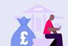 Graphic of a person sitting and using a mobile phone in front of a building labelled 'CLIENT', with a large bag of money beside them
