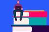 A person sitting on top of a stack of three large books, using a laptop. There is also a pencil placed horizontally across the top book. The background is blue, and the books are red, teal and purple, from top to bottom