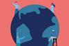 Graphic of a large globe, with four people spread out across the surface speaking to each other