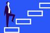 A graphic illustration shows a person in a suit climbing a set of white stairs against a blue background