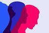 Three overlapping silhouettes of human profiles in different colors: blue, purple, and red. The profiles are facing to the right and are layered on top of each other, creating a gradient effect where they overlap