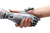 artificial intelligence hand and human hand shaking