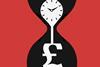 Inside an hourglass, a clock in the top chamber is spilling into a pound symbol in the bottom chamber