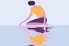 A kneeling woman looking down at her reflection is mirrored in water along the bottom half of the graphic