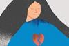 Graphic of a woman with her eyes closed with a broken heart over her chest