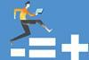 A man holding a laptop runs across large symbols reading "- = +"