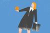 Woman in a suit balances a coin on her hand