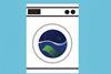 Illustration of a washing machine with a 'CLEAN' message on its digital display. A green banknote is submerged in water inside the drum.