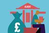 Graphic of a person sitting and using a mobile phone in front of a building labelled 'CLIENT', with a large bag of money beside them