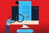 An illustration of a person holding a magnifying glass, examining a large computer monitor. The monitor displays a blue document with lines of text in various colours. The background is red, and there is a search bar at the bottom of the image