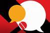 Illustration of two overlapping speech bubbles – one large and white, the other small and orange – on a red background. A microphone emerges from the bottom left, pointing toward the centre of the image, where the two bubbles meet