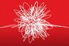 A simple illustration of a chaotic white scribble on a deep red background. White lines extend from the scribble on either side, as if it is being pulled both ways at once
