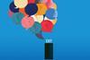 A large cloud of multi-colored speech bubbles coming out of an exit door