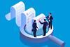 Bill analysis and test check, isometric three businessmen standing on a magnifying glass to discuss and analyse billing data