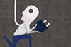 Innovate - man plugs in a lightbulb with a question mark