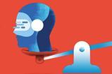 A metallic head wearing a headset is weighed on a scale