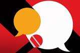 Illustration of two overlapping speech bubbles – one large and white, the other small and orange – on a red background. A microphone emerges from the bottom left, pointing toward the centre of the image, where the two bubbles meet