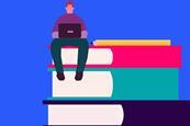 A person sitting on top of a stack of three large books, using a laptop. There is also a pencil placed horizontally across the top book. The background is blue, and the books are red, teal and purple, from top to bottom
