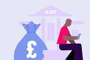 Graphic of a person sitting and using a mobile phone in front of a building labelled 'CLIENT', with a large bag of money beside them
