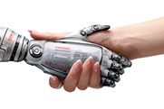 artificial intelligence hand and human hand shaking