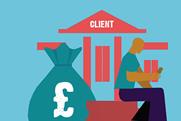 Graphic of a person sitting and using a mobile phone in front of a building labelled 'CLIENT', with a large bag of money beside them