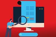 An illustration of a person holding a magnifying glass, examining a large computer monitor. The monitor displays a blue document with lines of text in various colours. The background is red, and there is a search bar at the bottom of the image