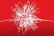 A simple illustration of a chaotic white scribble on a deep red background. White lines extend from the scribble on either side, as if it is being pulled both ways at once