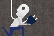 Innovate - man plugs in a lightbulb with a question mark