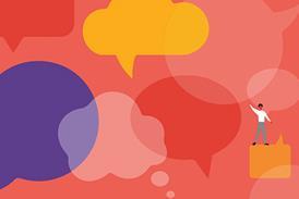 Graphic of a man standing one a text bubble and speaking, illustrated by overlapping speech and thought bubbles in the background