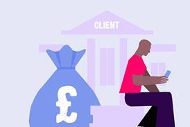 Graphic of a person sitting and using a mobile phone in front of a building labelled 'CLIENT', with a large bag of money beside them