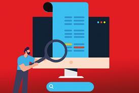 An illustration of a person holding a magnifying glass, examining a large computer monitor. The monitor displays a blue document with lines of text in various colours. The background is red, and there is a search bar at the bottom of the image