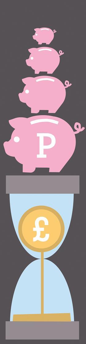 Pensions - tower of piggy banks over egg-timer with pound sign draining away(£)