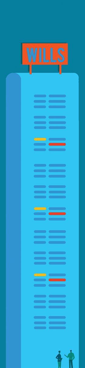 Graphic of long list labelled 'Wills', with some entries in yellow and red