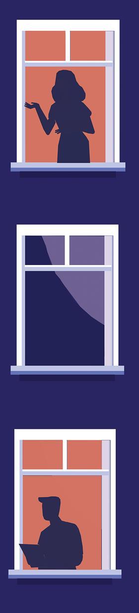 Silhouettes of people standing in three vertical apartment window