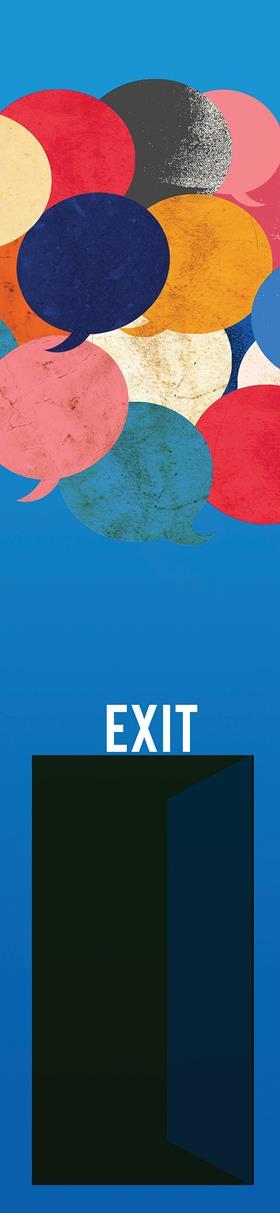 A large cloud of multi-colored speech bubbles coming out of an exit door