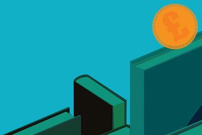 Graphic of a large pound coin rolling down stacks of books