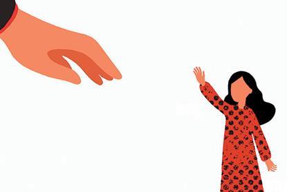 Graphic of large hand reaching down to help a small girl