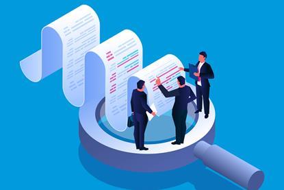 Bill analysis and test check, isometric three businessmen standing on a magnifying glass to discuss and analyse billing data