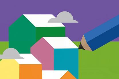 A large pencil draws a cluster of houses