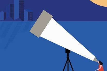 Graphic of woman looking into a large telescope, with a night sky and city skyline in the background.