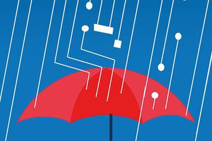 Graphic of an umbrella shielding from rain that resembles circuit board lines