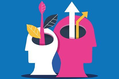 Graphic of two heads facing away from each other, one with plants growing from it and the other with arrows