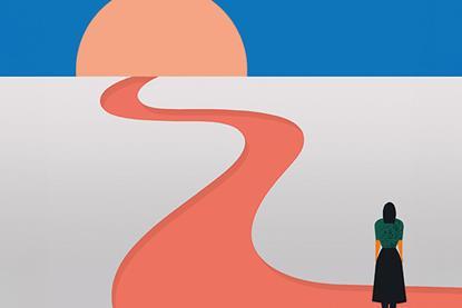 Graphic of a woman looking down a winding path into the sun in the horizon