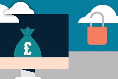 Graphics of a desktop screen with an image of money and an unlocked padlock. The graphics are against a horizon background with clouds.