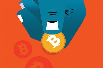 Graphic of a large hand holding a gold bitcoin