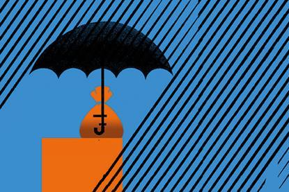Rainy scene with bag of money being covered by an umbrella