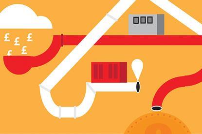 Graphic of overlapping pipes with coins and money symbols moving through the system