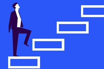 A graphic illustration shows a person in a suit climbing a set of white stairs against a blue background