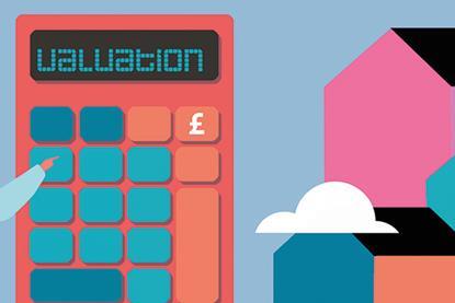 Graphic of several houses, with a calculator that displaying "valuation" on the screen