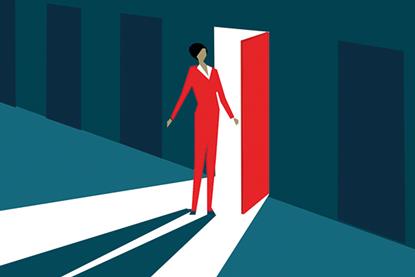 Graphic of woman standing by open door